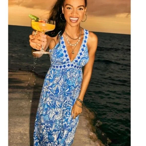 NWT Lilly Pulitzer SERENA V-NECK MAXI Dress Blue Tang Flocking Fabulous - Picture 2 of 11